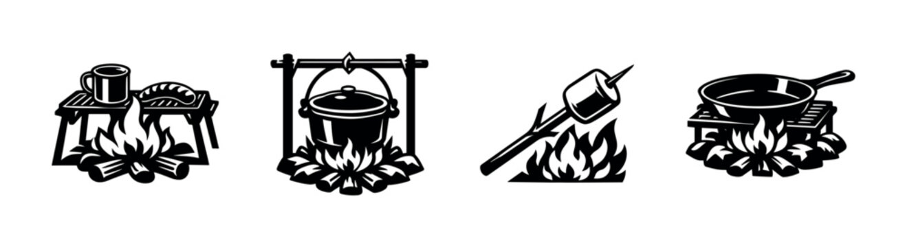 Camping fire cooking utensils black and white vector illustration with pot, pan, and marshmallow