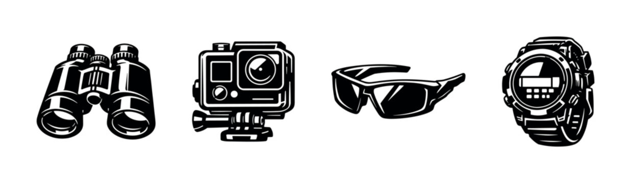 Black and white vector silhouette of binoculars watch action camera and sunglasses
