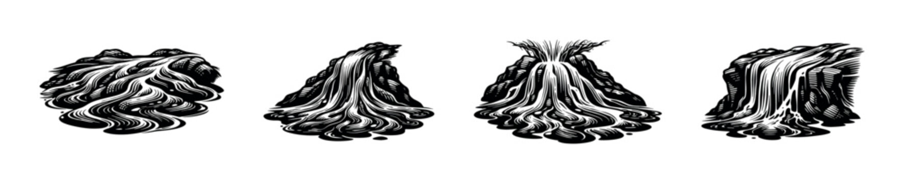 Black and white vector illustration of waterfall designs with flowing water and rocks