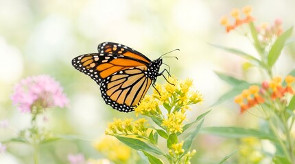 Fototapeta premium A monarch butterfly perched on a vibrant flower, showcasing its striking orange and black wings