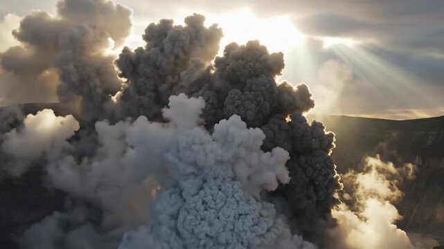 Rising wall of endless smoke steam loop at volcanic site during daylight hours