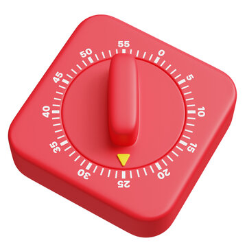 3D illustration of a red mechanical kitchen timer symbolizing Pomodoro technique, focus sessions, productivity and time management. Countdown and work interval concept isolated on transparent 