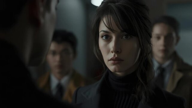 Young woman turtleneck jacket confronting colleagues dim office corridor with moody cinematic