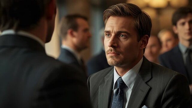 Suit businessman man portrait office serious conversation solemn businessman listening intently