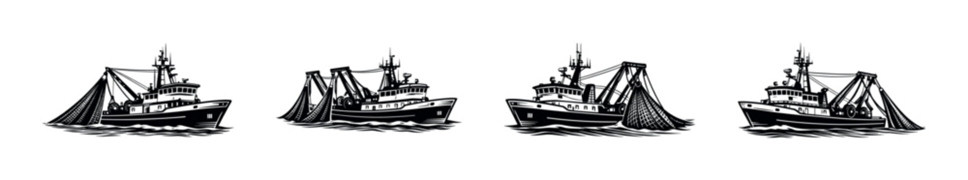 Set of fishing trawler silhouettes with nets black and white nautical vector illustration