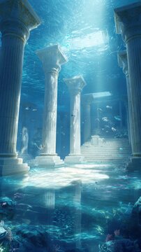 Lost civilization. Fantasy. A vivid underwater scene depicts a grand, ancient temple complex. The temple consists of tall, slender columns with intricate carvings and a central pediment.