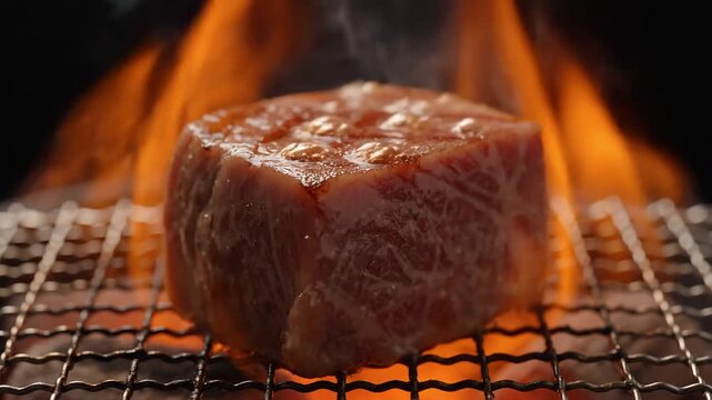Sizzling Saikoro steak cubes grilled to perfection over roaring flames