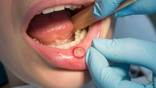 Closeup of a mouth with a canker sore being examined by a gloved hand