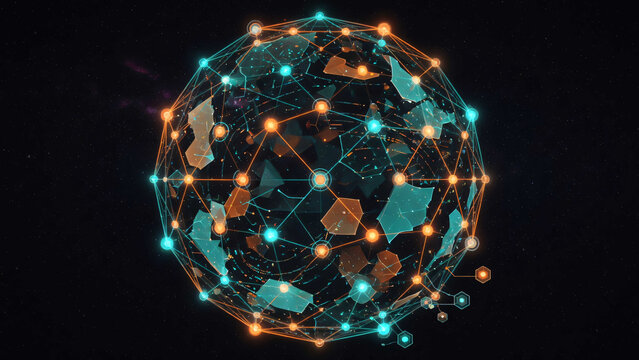 Futuristic glowing network sphere with connected nodes and lines on black background