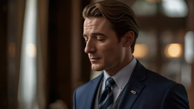 Young businessman portrait navy suit and tie looking down with warm soft lighting, thoughtful side