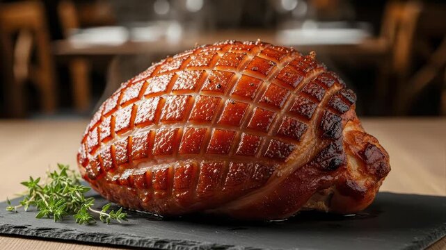 Roasted ham with decorative carvings