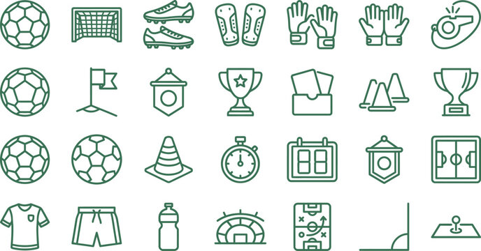 Collection of clean green outline soccer icons representing various sports equipment and game elements