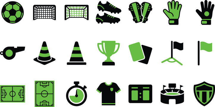 Collection of diverse soccer equipment icons representing the sport's essential elements