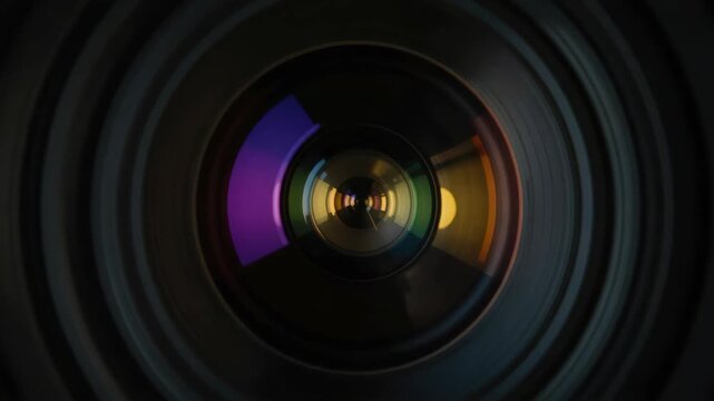 Camera lens closeup glass reflection aperture rings colorful focal length cinematic bokeh