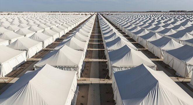 Vast temporary tent city, aerial view, rows of white shelters, humanitarian aid, emergency housing