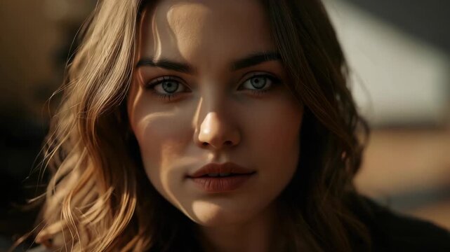 Young woman portrait close up face blue eye with warm soft light contemplative thoughtful natural