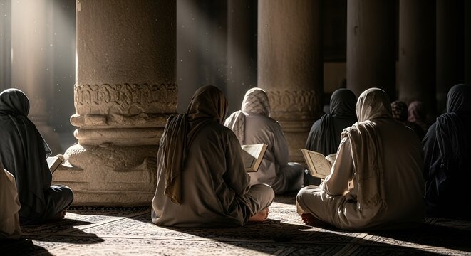 Group studying ancient text in sunlit, columned hall