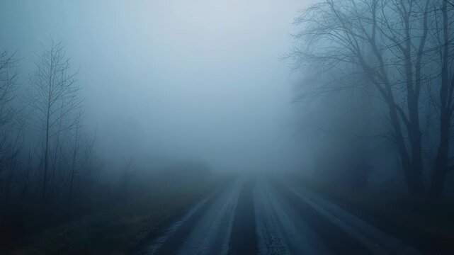 Foggy country road at dawn with bare tree silhouette and moody blue mist on rural morning road