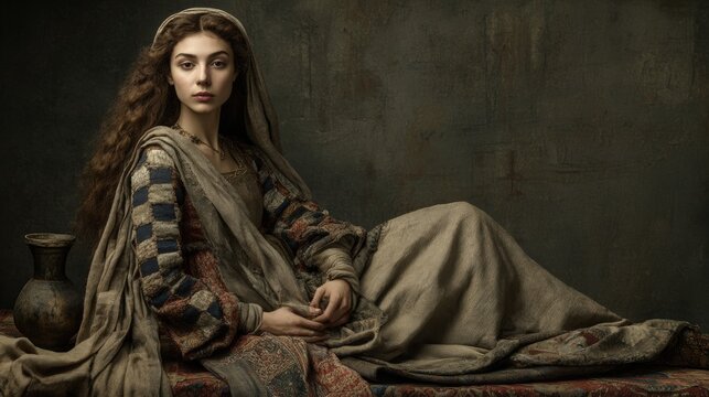 Europe medieval lifestyle. A portrait of a woman in a regal, medievalstyle setting. She wears a long, flowing robe with intricate patterns and textures in shades of blue, red, and beige. Her long.