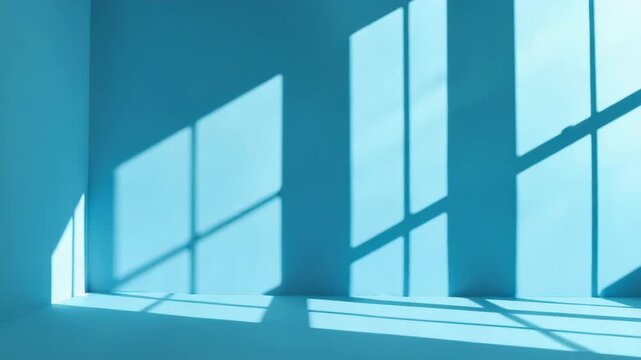 Soft blue interior sunlit window shadow casting calm minimal geometric light pattern