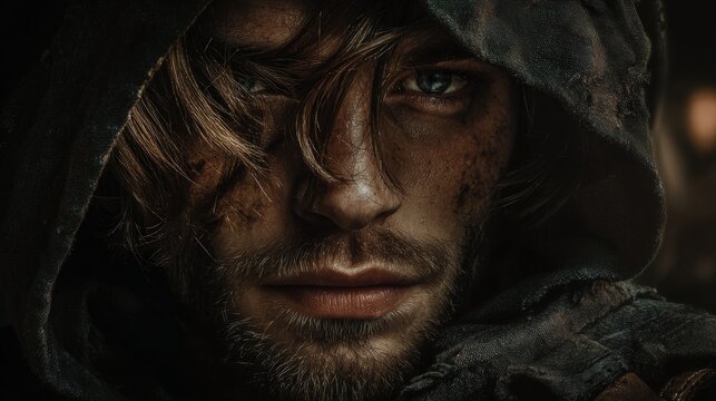 Europe medieval lifestyle. A closeup portrait of a man, captured in a moody, atmospheric style. He wears a dark, hooded cloak that obscures his face, revealing his intense blue eyes.
