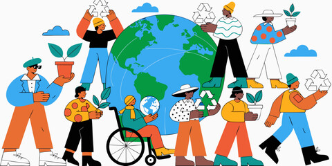 Fototapeta premium Diverse group of people from around world holding recycling symbols and plants, standing in front of large globe, environmental awareness and sustainability efforts in illustration for Eco-holidays