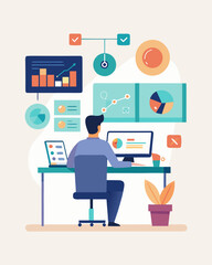 Fototapeta premium Person working at home desk with computer, analyzing data on multiple screens displaying graphs and charts, visual representation of crypto market intelligence through advanced data analytics concept