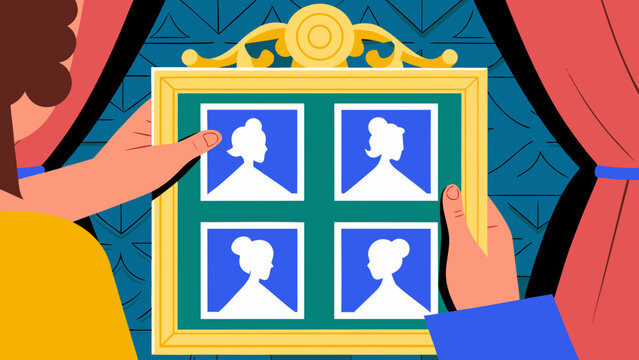 Person holding decorative picture frame containing four silhouette portraits. Process of curating ones own identity: selecting significant memories and ancestral archetypes to frame self concept