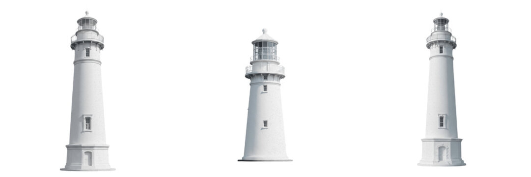 Set and collection of white coastal lighthouse tower isolated on white transparent png background