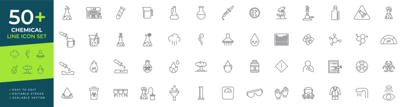 Chemical line icon set featuring laboratory research, scientific experiments, chemistry tools, safety equipment, hazard symbols, molecular structures and lab testing elements