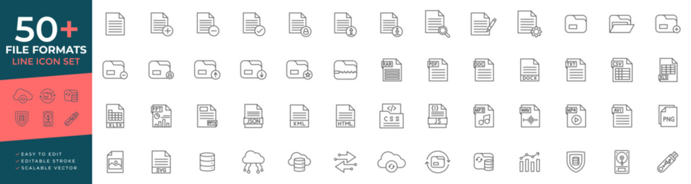 File formats and data icon set featuring digital document management, software extensions, data storage, file sharing, and cloud processing, sharing and software file types