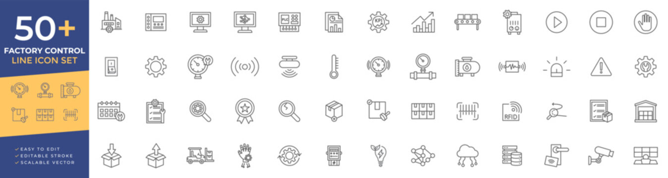 Factory control icon set for industrial automation, smart manufacturing, production monitoring, technical maintenance, warehouse logistics, and engineering management systems.