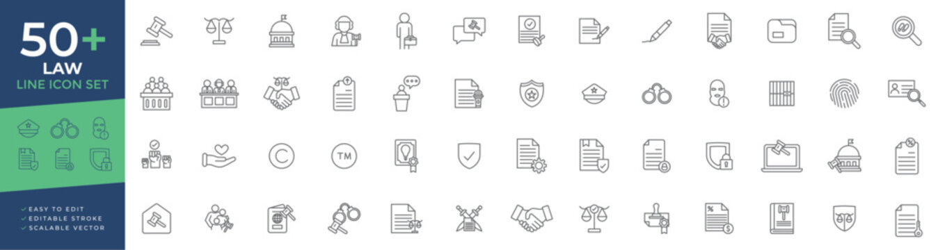 Law icon set including legal services, justice systems, courtroom procedures, attorney advocacy, and constitutional rights featuring gavels, scales, and judicial symbols.