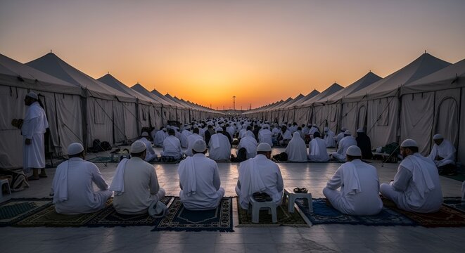 Muslim Pilgrims Praying in Tents at Sunrise During Hajj Pilgrimage