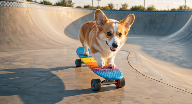 Corgi dog on a colorful rainbow skateboard in a skatepark. Pembroke Welsh Corgi skateboarding on a concrete ramp. Active pet lifestyle