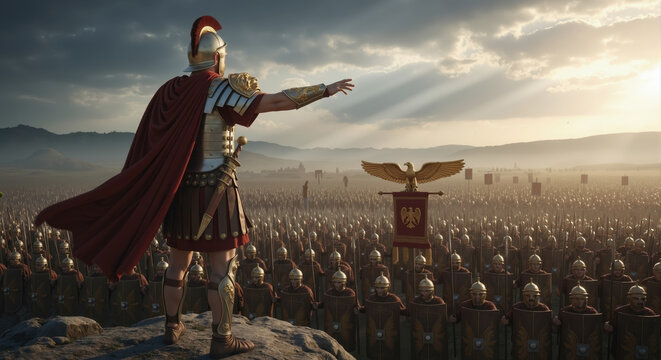 Roman general or emperor overlooking a massive army in a valley. Ancient military leader in armor and red cape commanding a legion. Historical conquest concept
