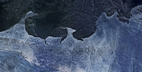 Islas Malvinas (Falkland Islands) — Winter Snow Cover Satellite View Frozen Coastal Settlement and Icy Terrain © Aerial View