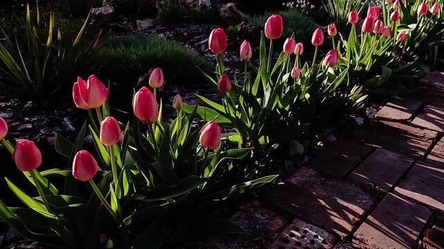 Backlit Triumph Tulips Judith Leyster Lining an Old Brick Path in Golden Hour