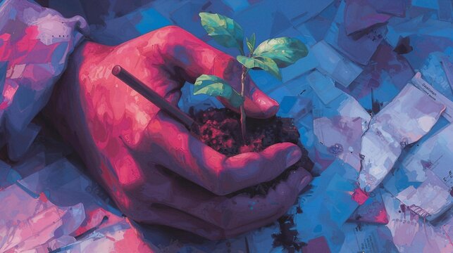 A colorful illustration, a stylized digital painting with luminous highlights and rich colors of a child with a small, wooden prayer bead held tightly in a tiny palm, planting a small green sapling...