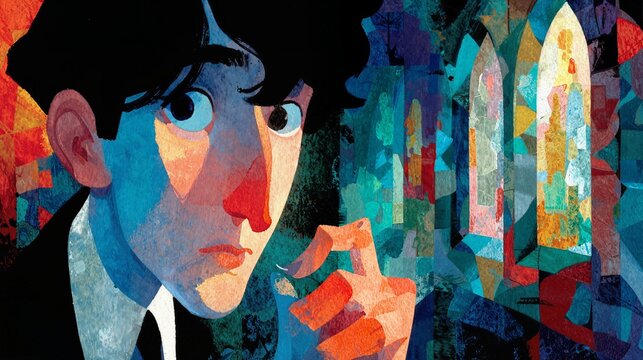 A colorful illustration, a stylized digital painting with luminous highlights and rich colors of a traveler with a wind-swept face and a look of awe, threading a needle with silver thread by a wind...