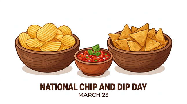 National chip and dip day bowls of potato chips nachos and salsa sauce illustration