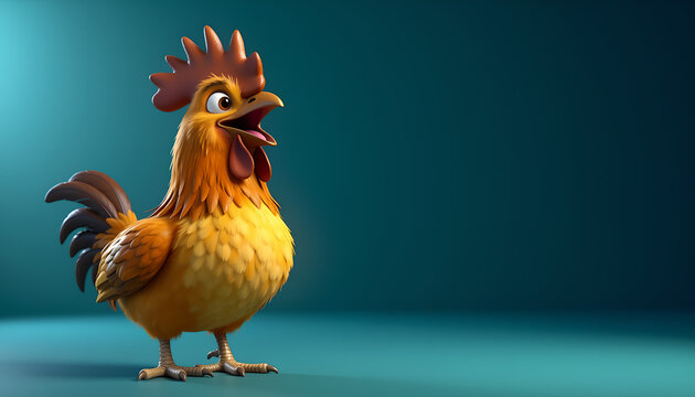 Vibrant 3D rendered cartoon rooster crowing on a clean teal background with ample negative copy space