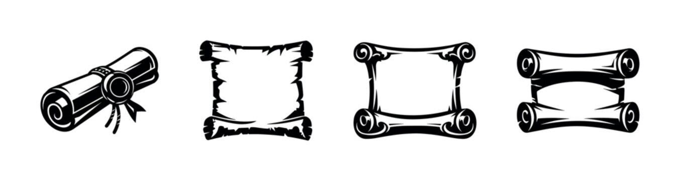 Black and white vintage scroll vector set, decorative scroll elements, retro illustration
