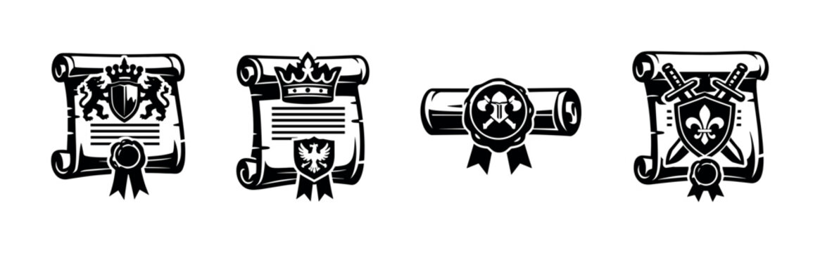 Set of vintage heraldic scrolls and shields, black and white silhouette illustration elements