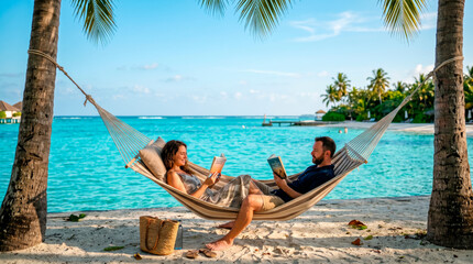 Couple enjoy tranquil beach vacation relax in hammock read books by turquoise ocean