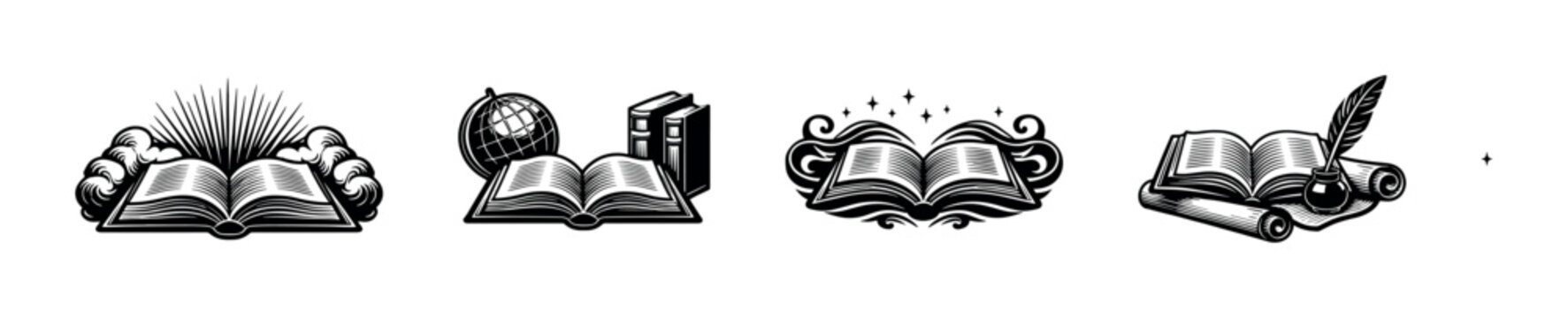 Black and white vector illustrations of books, scrolls, ink quill, globe, and stars in retro style