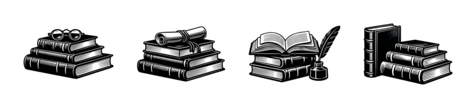 Vintage book illustrations with scrolls quill and glasses black and white vector artwork