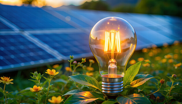 Glowing light bulb in nature with solar panels background representing sustainable green energy and future innovation
