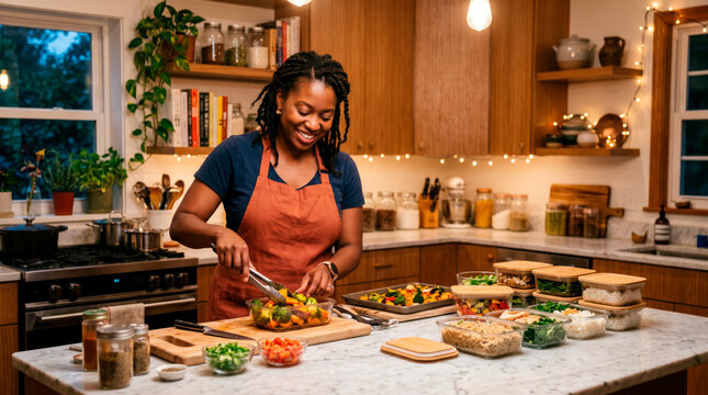 Happy woman preparing healthy meal prep containers in a cozy well-lit kitchen environment