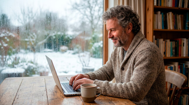 Smiling man in warm sweater type on computer in cozy home with snowy winter garden view